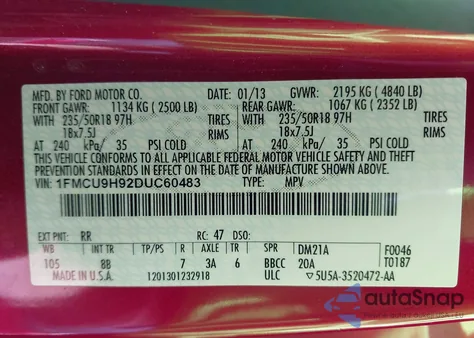 2013 Ford Escape Sel z USA, uszkodzony, nr VIN 1FMCU9H92DUC60483